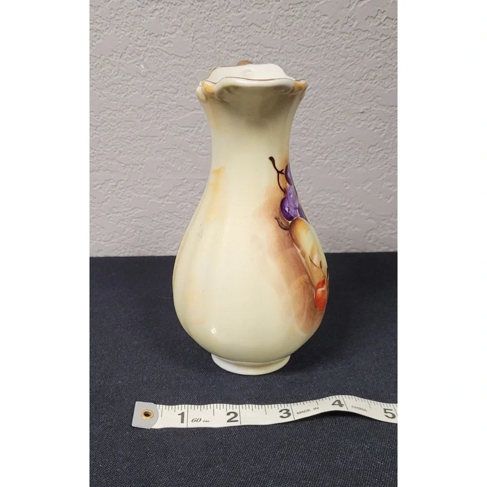 Vtg 60s Enesco Japan E2350 Porcelain Fruit Pitcher Vase Hand Painted Gold Handle